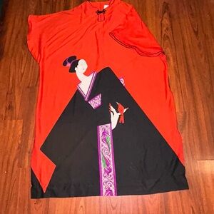 VTG 80’s I. Magnim ASIAN GEISHA Print Butterfly Sleeve Caftan Dress David Brown